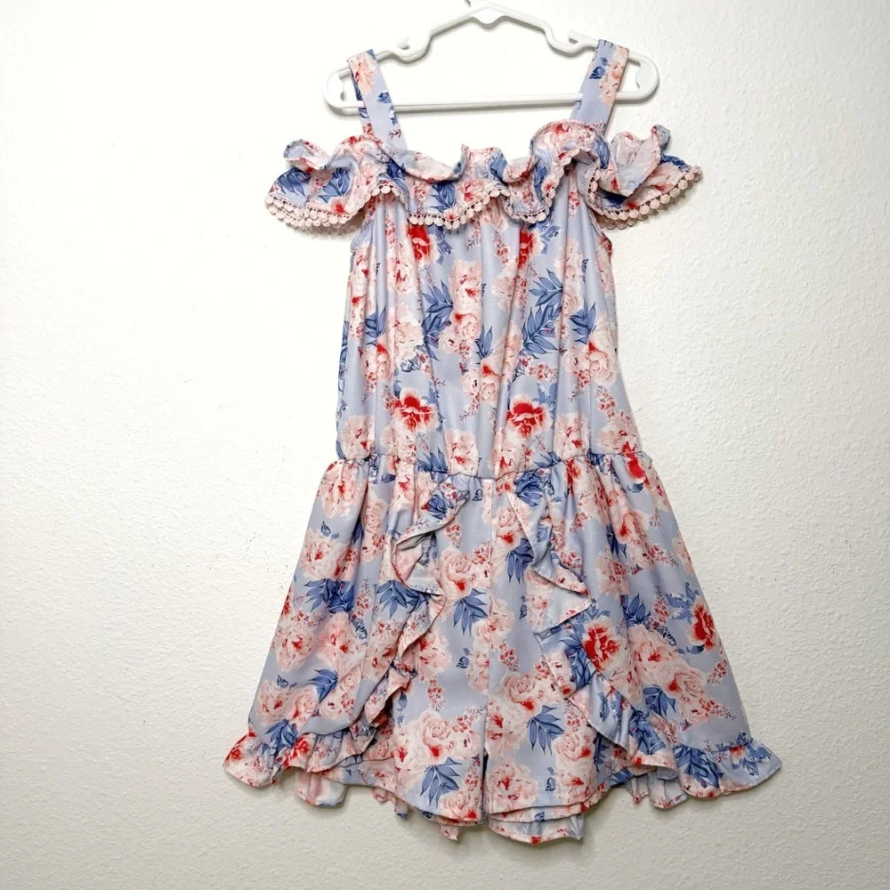 Nicole Miller sleeveless girl cold shoulder ruffle  romper blue pink size 10